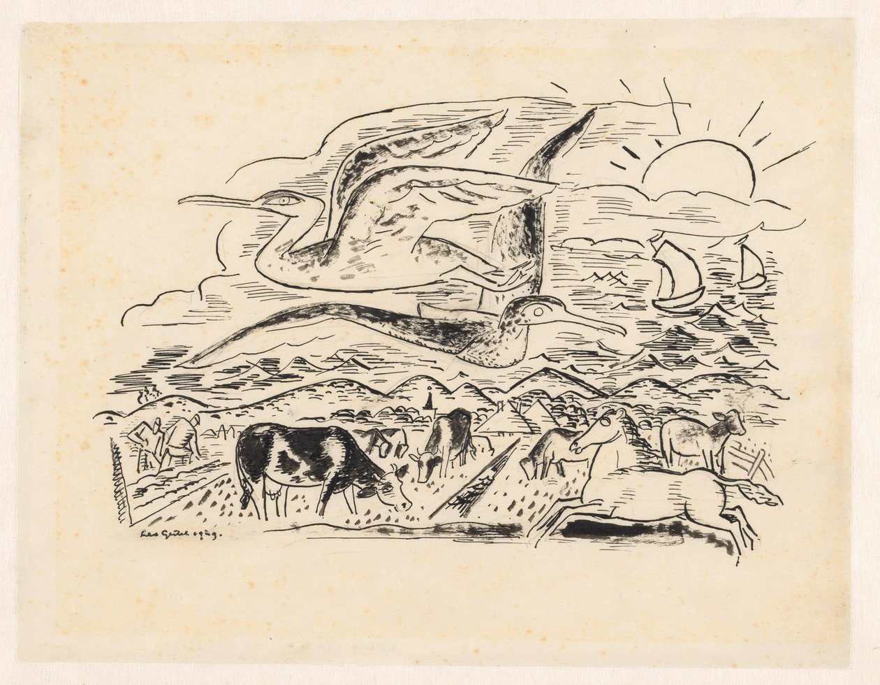Sığırlarla dolu bir manzara üzerinde iki kuş uçuyor by Leo Gestel (signed by artist)