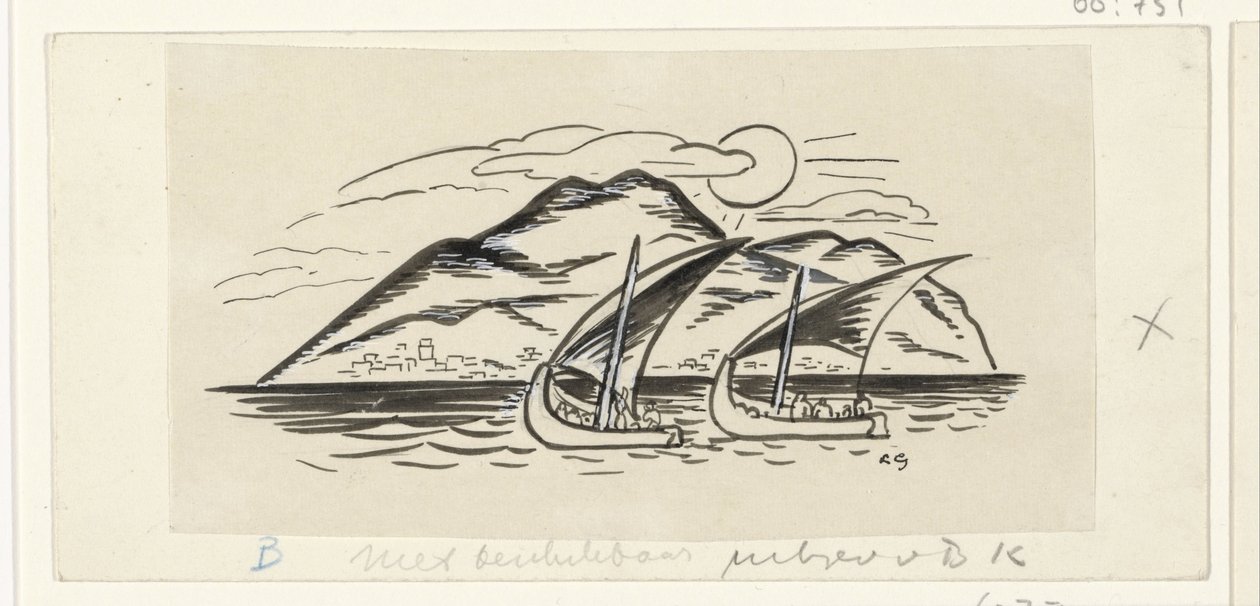 Dağları olan bir adanın önünde iki yelkenli gemi by Leo Gestel (signed by artist)