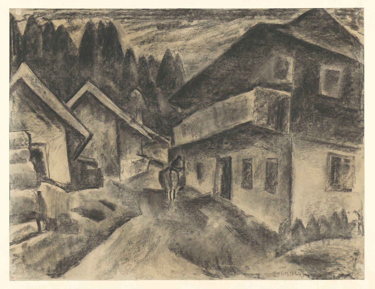 Köy yolunda inek olan adamla köy manzarası by Leo Gestel