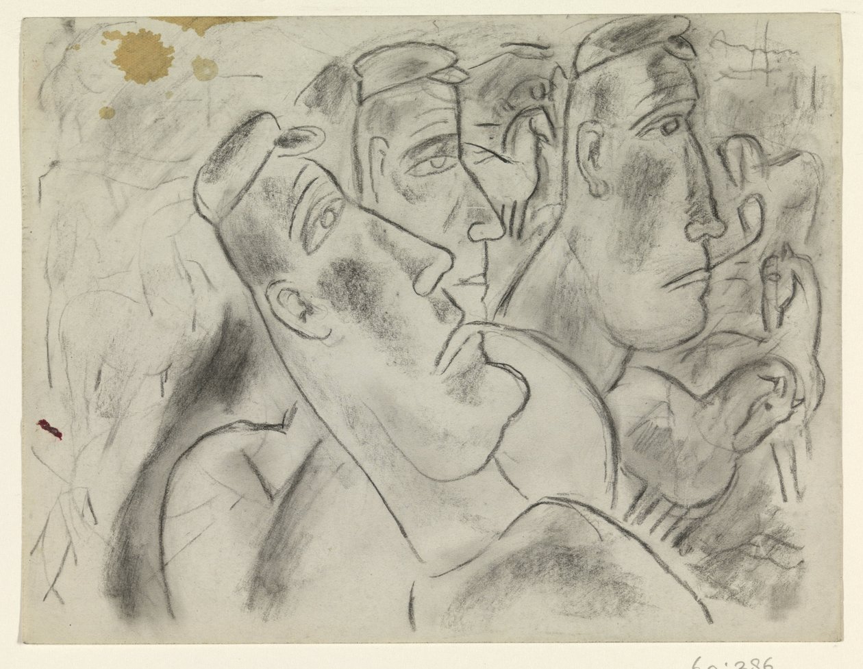 Atları olan bir çayırda üç çiftçi by Leo Gestel