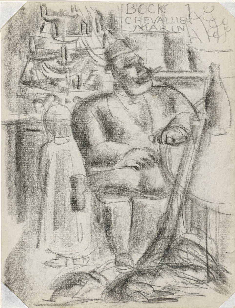 Kafe masasında oturan avcı, siyah tebeşirle Başlıksız by Leo Gestel