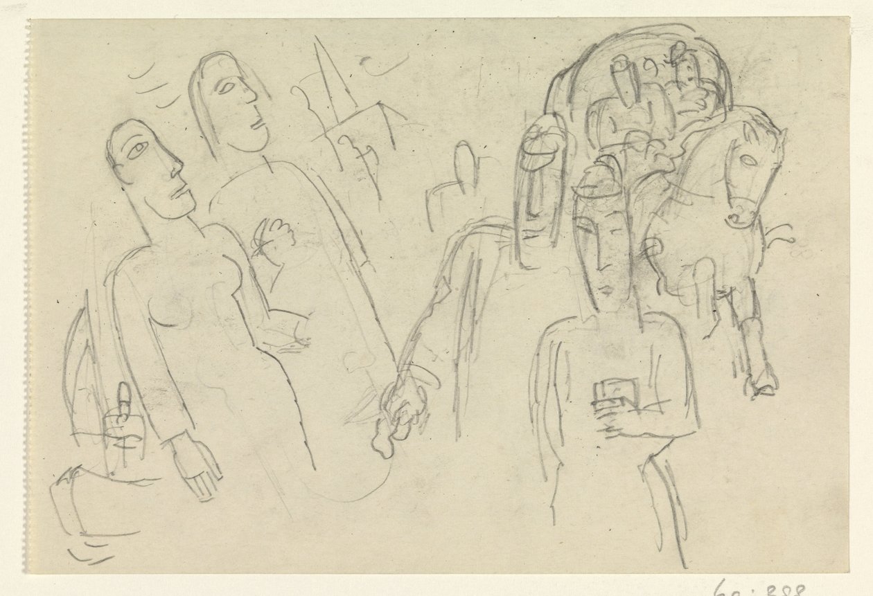 Sokakta insanlar ve arabalı bir at by Leo Gestel
