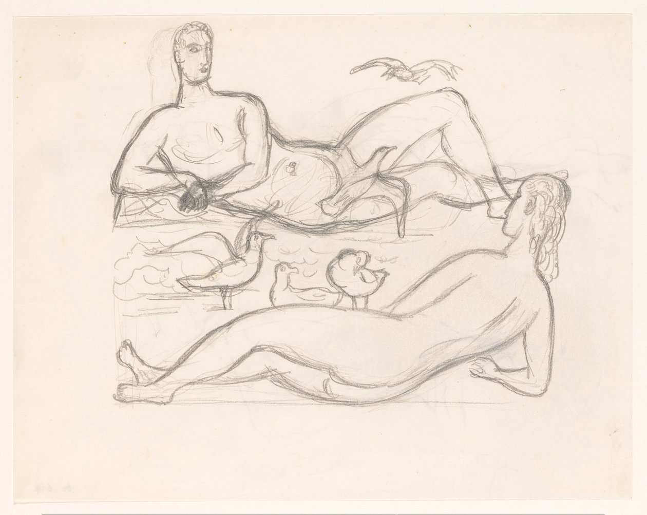 Martılar tarafından çevrili kıyıda çıplak erkek ve kadın by Leo Gestel