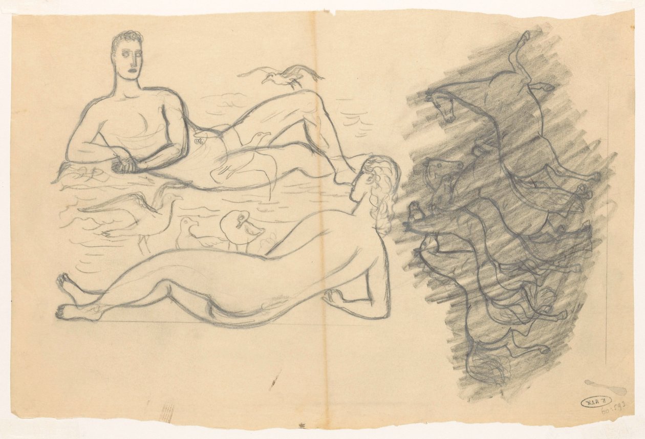 Martılar tarafından çevrili sahilde çıplak erkek ve kadın by Leo Gestel