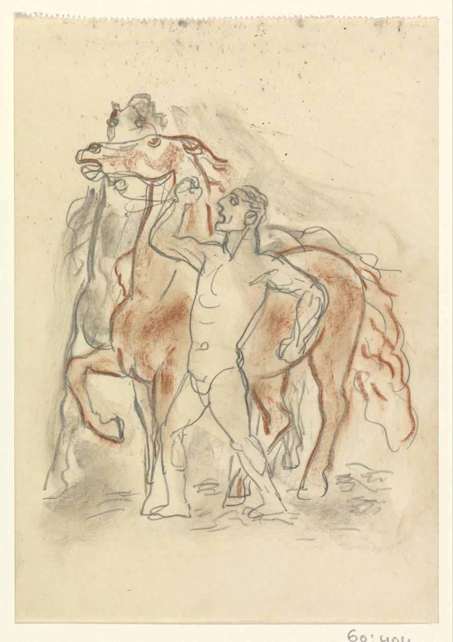 Çıplak adam iki atı kontrol altında tutuyor by Leo Gestel