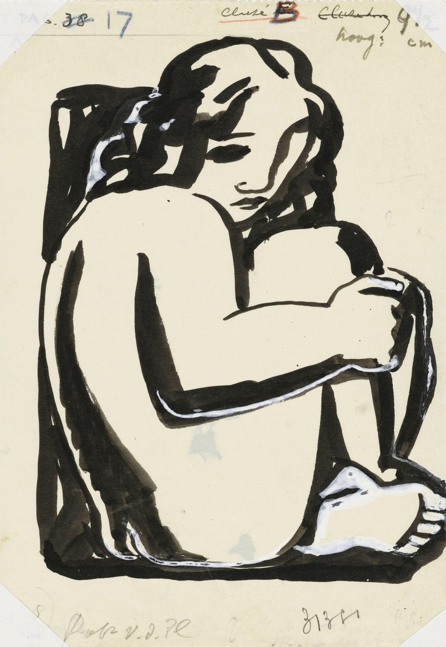 Dizleri bükülmüş çıplak oturan kadın (kroki) by Leo Gestel
