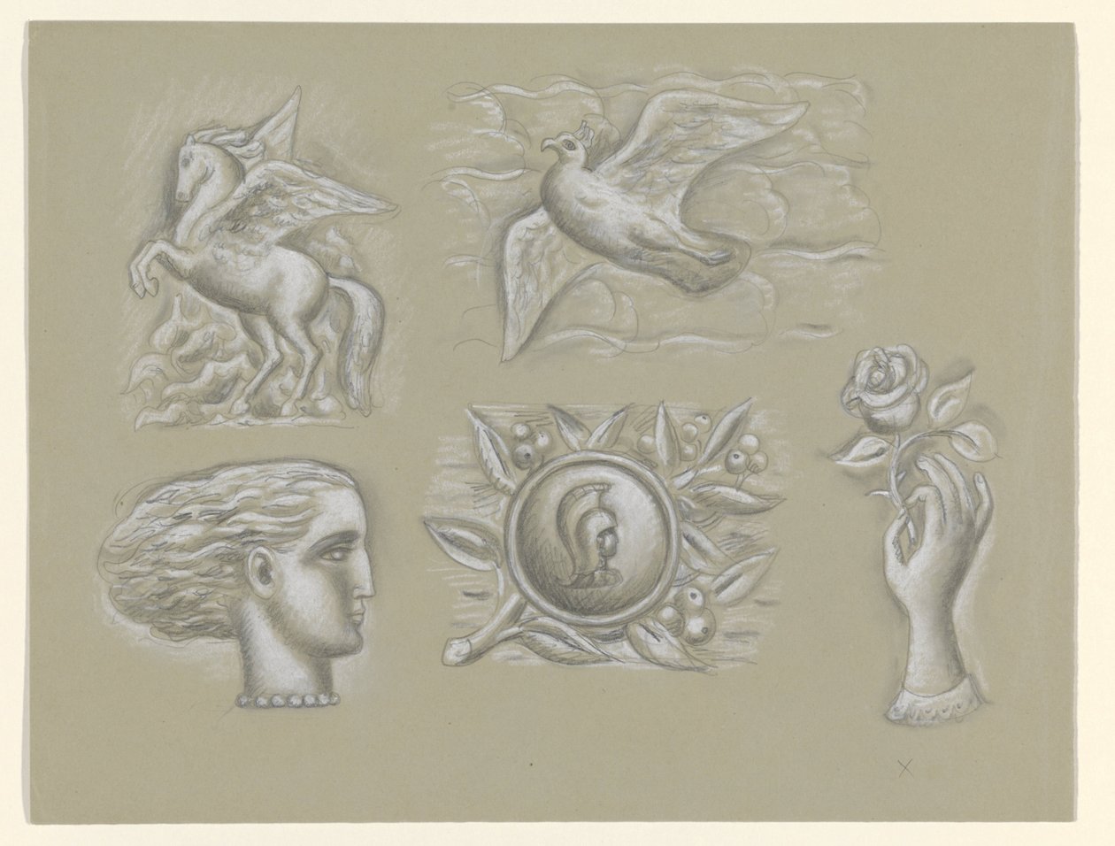 Pegasus, güvercin, kadın kafası, silah ve güllü el by Leo Gestel