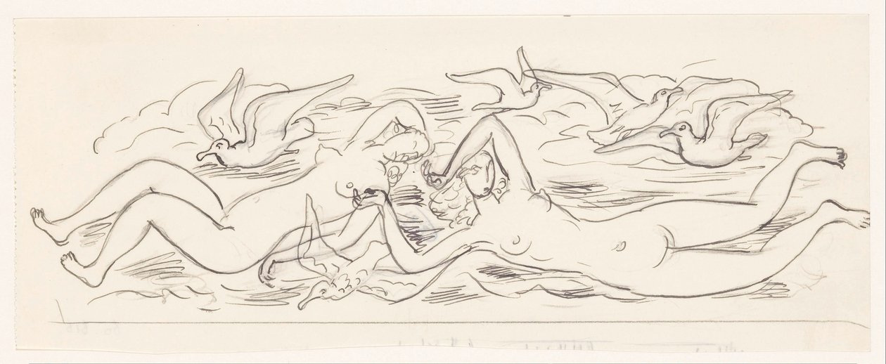 İki çıplak yüzen kadın ve beş martı by Leo Gestel