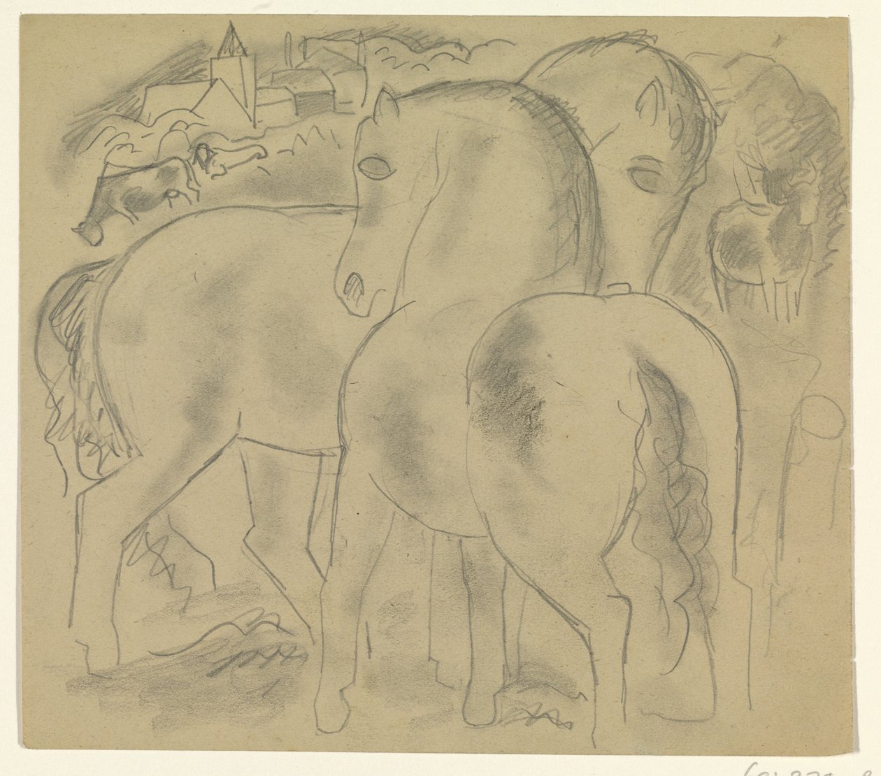 İneklerle dolu bir manzarada iki at by Leo Gestel