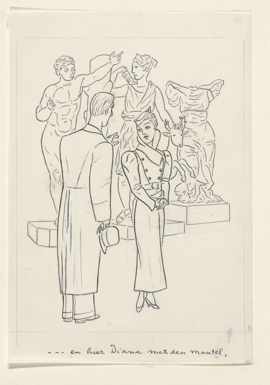 Kadın ve erkek üç heykelin önünde by Leo Gestel