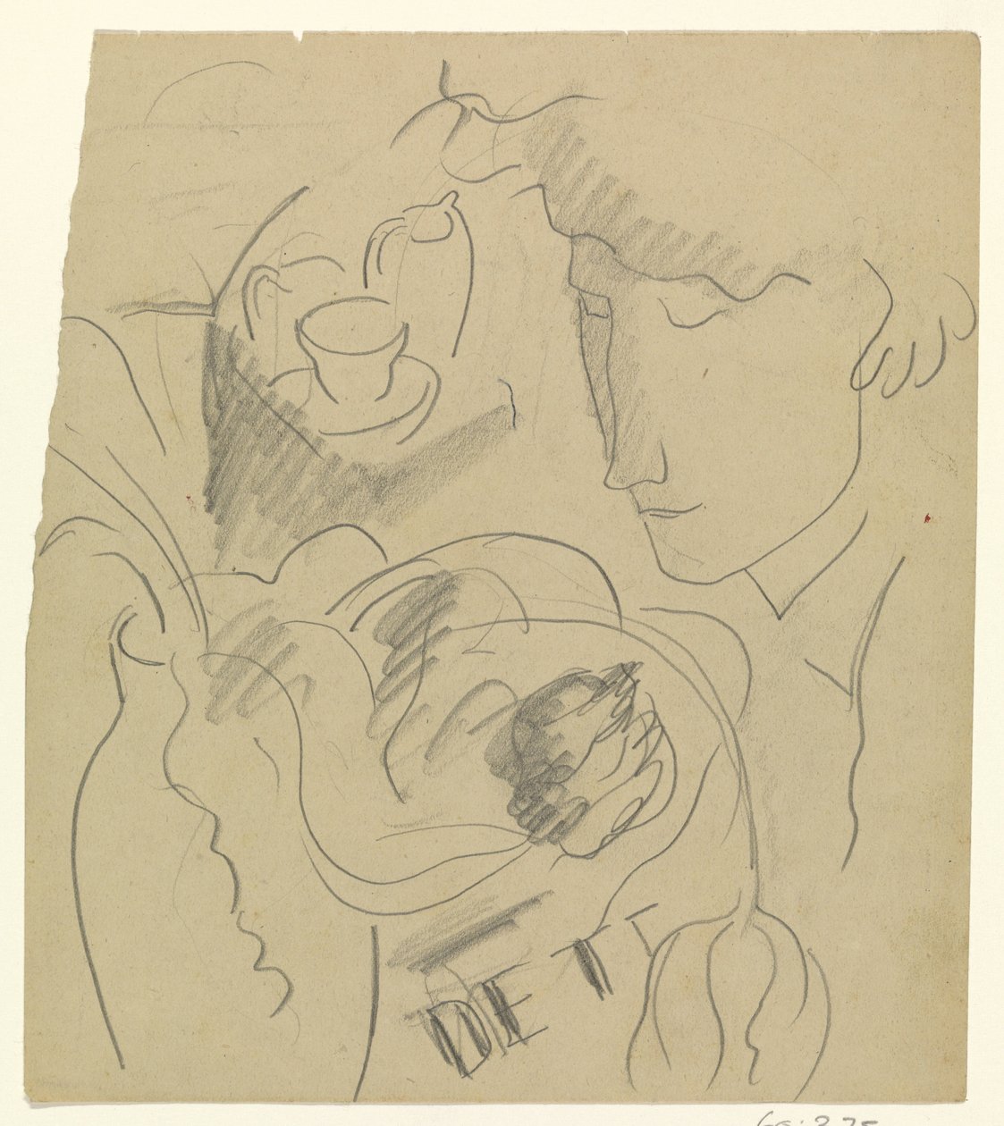 Kadın bir vazoda çiçek kokuyor by Leo Gestel