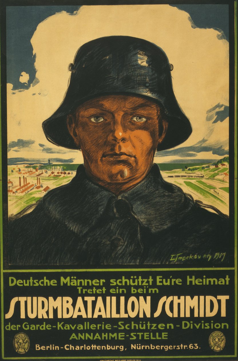 Saldırı Taburu Schmidt; Alman erkekleri vatanınızı sallar! 1919 (renkli litografi) by Leo Impekoven