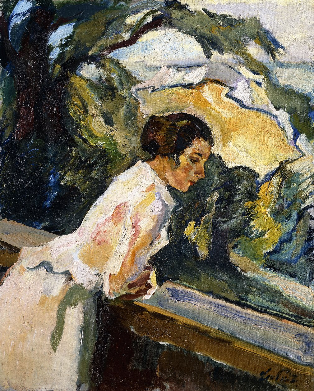 Frieda, Sanatçının Karısı, Balkona Yaslanmış, 1919-1922 dolayları (tuval üzerine yağlı boya) by Leo Putz