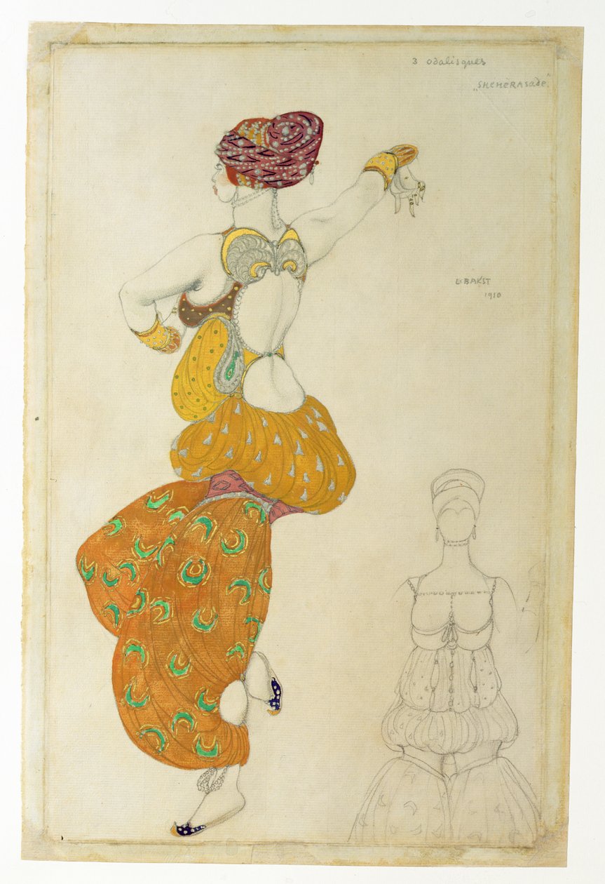 Şehrazat için üç odalıktan biri için kostüm tasarımı, 1910 (guaj) by Leon Bakst