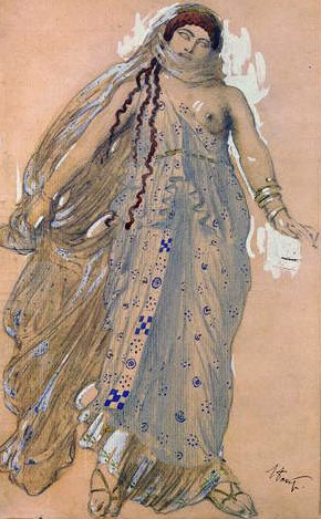 Phaedra, Euripides draması Hippolytos için kostüm tasarımı, 1902 (karton üzerine wc ve yağlı boya) by Leon Bakst