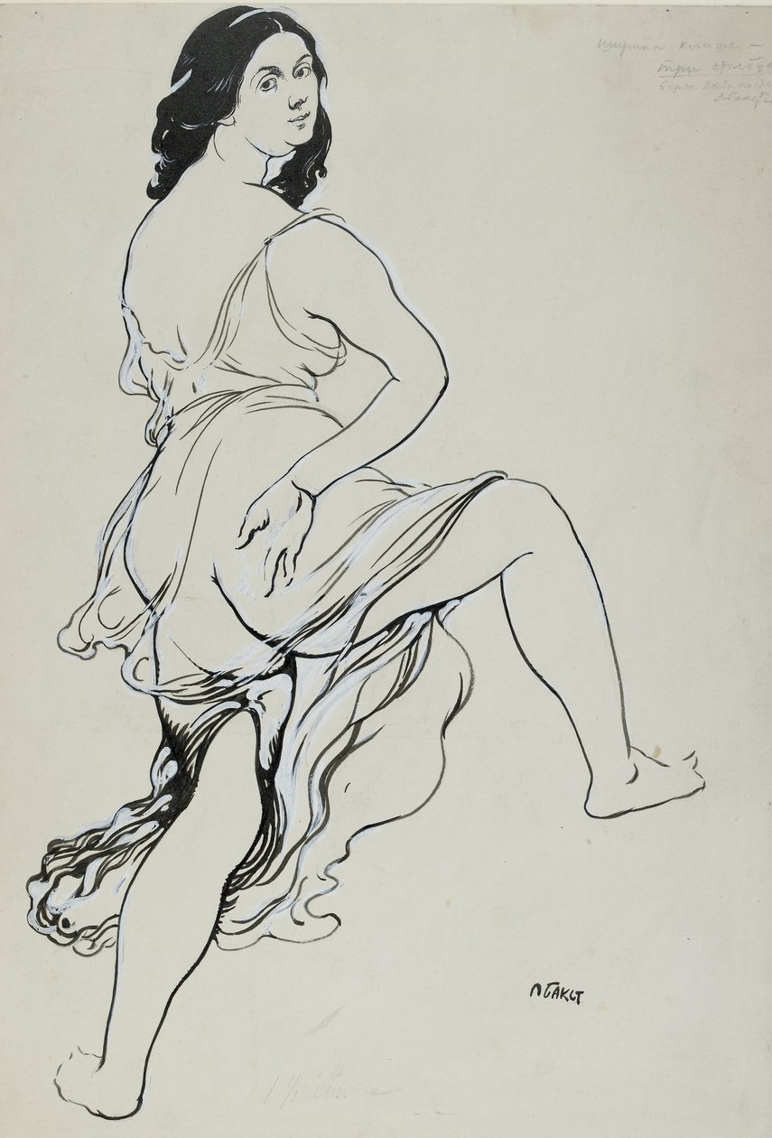 Isadora Duncan dansının portresi (grafit izleri üzerine fırça ve Hint mürekkebi, ince dokulu kirli beyaz kağıt üzerinde beyaz gövde rengiyle düzeltildi) by Leon Bakst