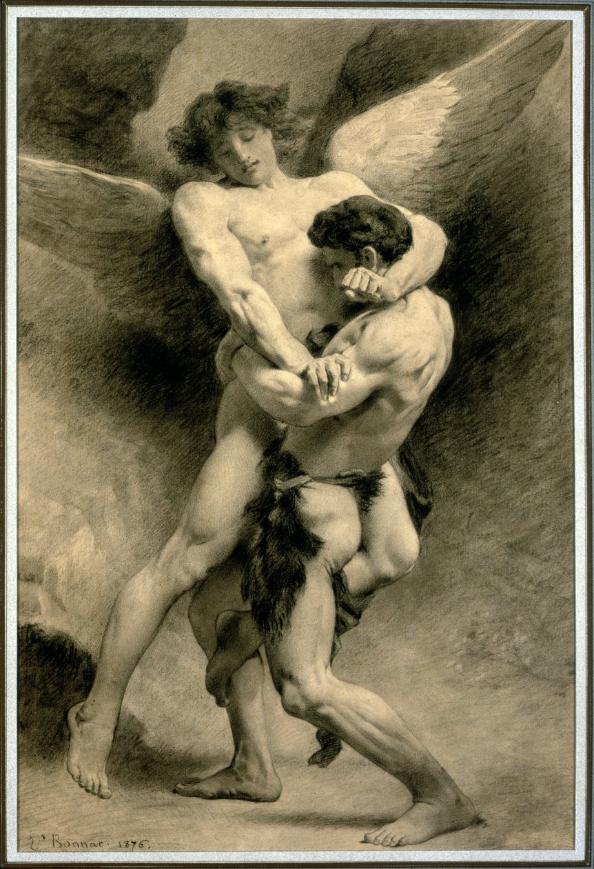 Jacob için Çalışma Melekle Güreşi, 1876 (kalem ve kağıt üzerinde siyah tebeşir) by Leon Joseph Florentin Bonnat