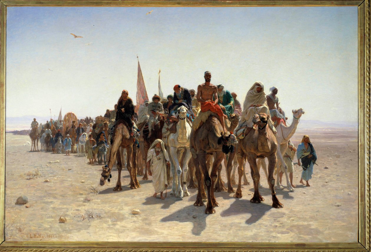 Çölde deve üzerinde seyyahlardan Mekke kervanına giden pelerinler. Leon Auguste Adolphe Belly (1827-1877) 1861 Güneş tarafından tablo. 1,6x2,4 m Paris, Orsay Müzesi by Leon Auguste Adolphe Belly