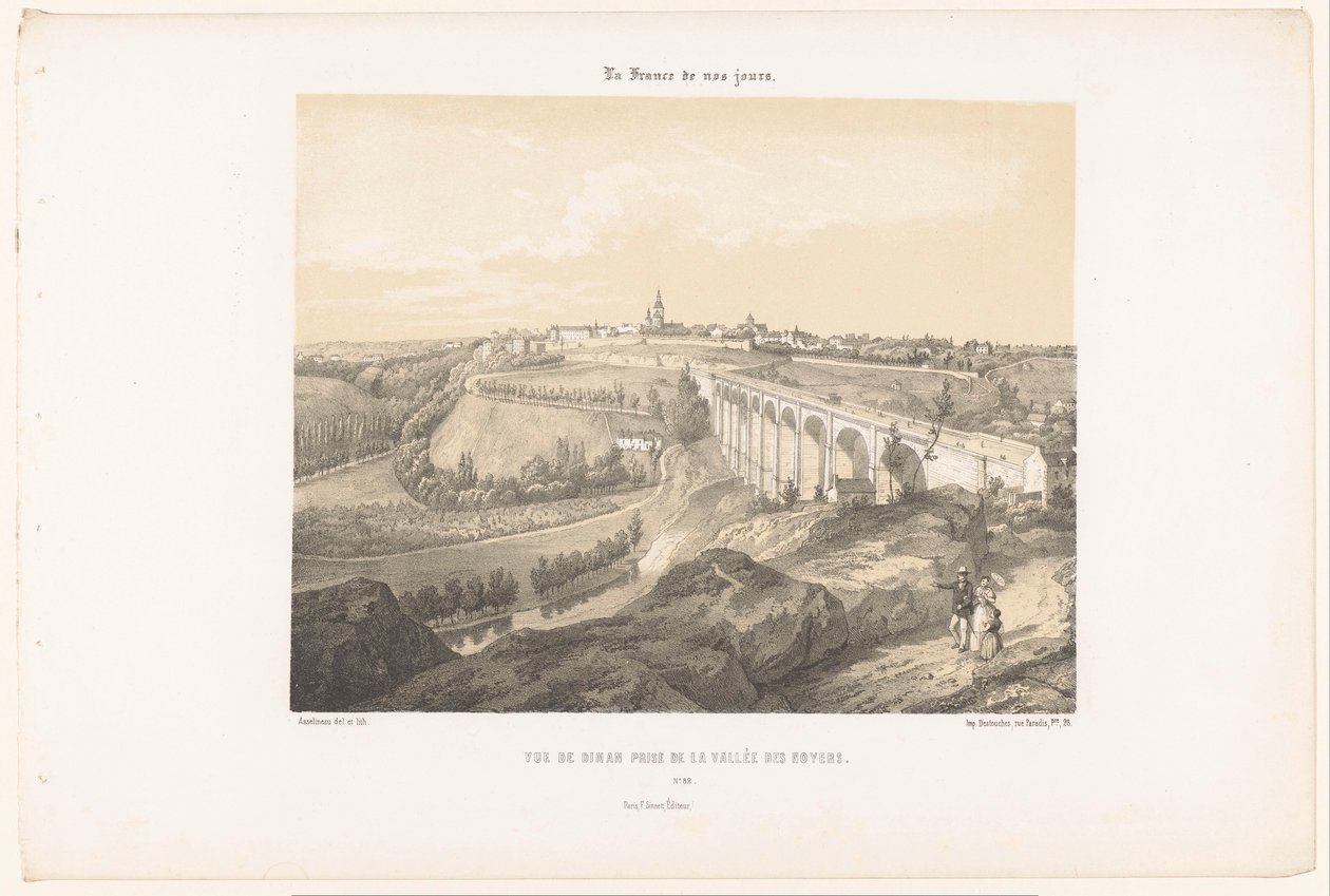 Dinan ve nehir üzerindeki viyadük manzarası Rance Vue de Dinan ödülü de la Vallée des Noyers (nesne üzerine başlık) Çağdaş Fransa (dizi başlığı) La France de nos jours (nesne üzerine dizi başlığı) by Leon Auguste Asselineau