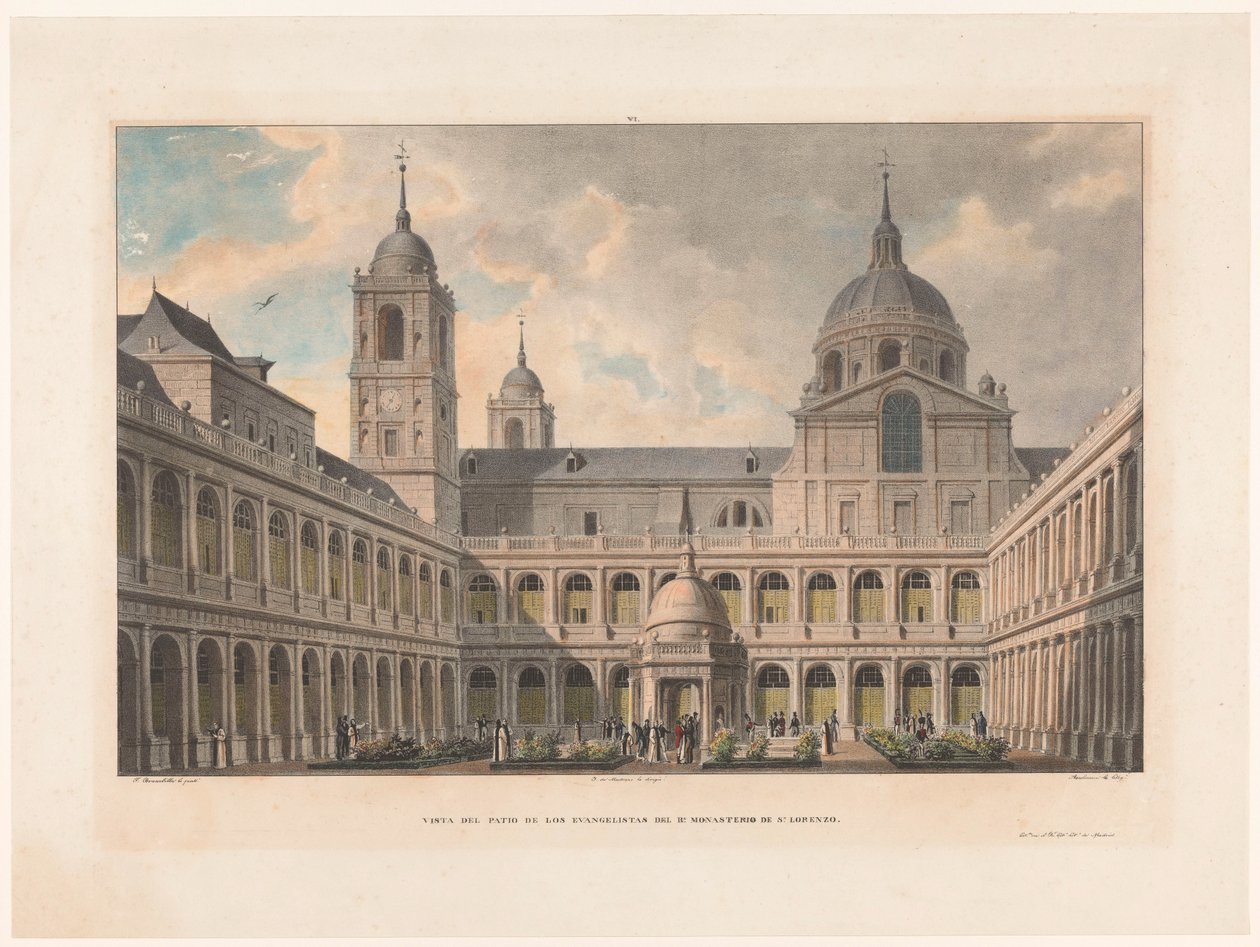 Evanjelistlerin Zicht op de Courtyard van het San Lorenzo de El Escorial Manastırı S. Lorenzo R. Manastırı Müjdecileri Avlusunun Görünümü (nesne üzerindeki başlık) by Leon Auguste Asselineau