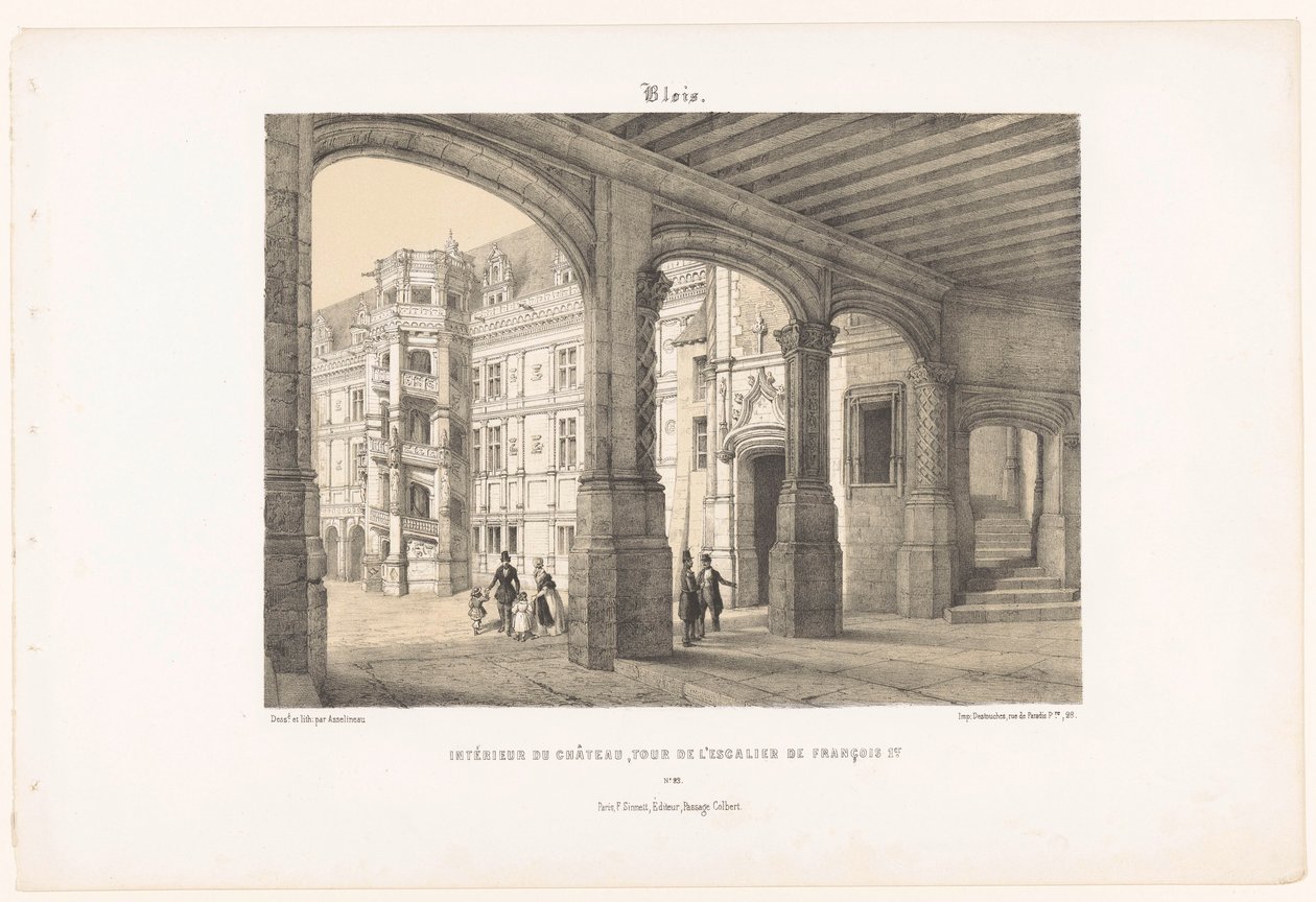 Kral Francis I Blois'in sekizgen merdiven kulesi ile Blois kalesinin iç görünümü. Intérieur du château, Tour de l'escalier de François Ier (nesne üzerine başlık) Çağdaş Fransa (dizi başlığı) La France de nos jours (dizi başlığı) by Leon Auguste Asselineau