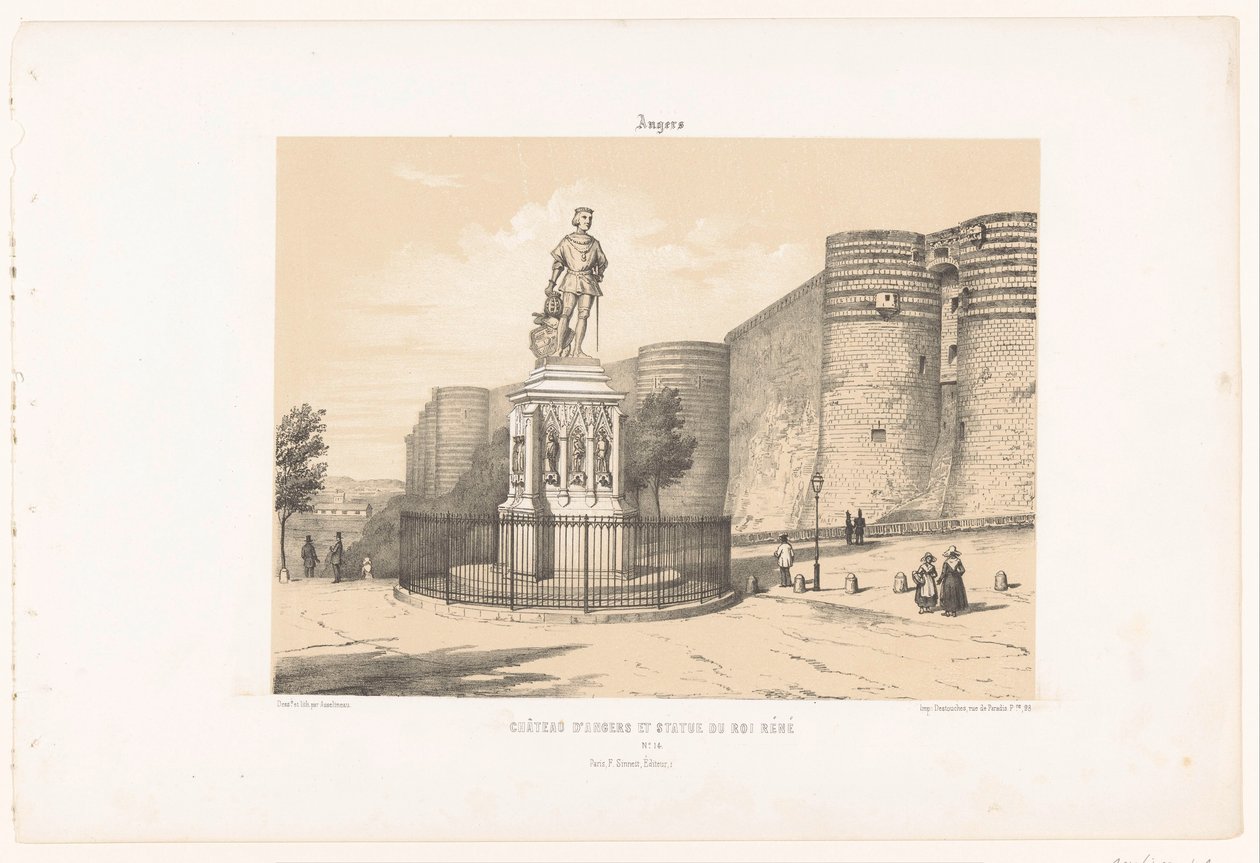 Anjou'lu René I heykelinin ve Angers Angers kalesinin görünümü. Château d'Angers et heykeli du roi René (nesne üzerindeki başlık) Çağdaş Fransa (dizi başlığı) La France de nos jours (dizi başlığı) by Leon Auguste Asselineau