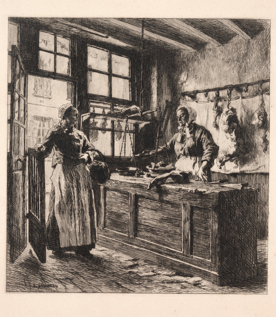 Bir Kasap Dükkanının İçi. by Leon Augustin Lhermitte