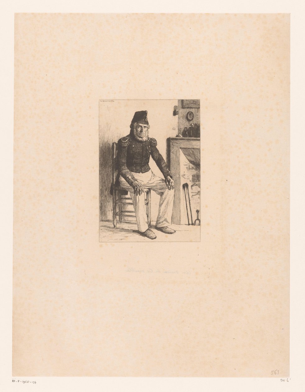 Askeri kostümlü yaşlı adam, şöminenin yanında oturuyor L'Eau Forte en 1874 (dizi başlığı) 1874'ten gravür (dizi başlığı) by Leon Augustin Lhermitte