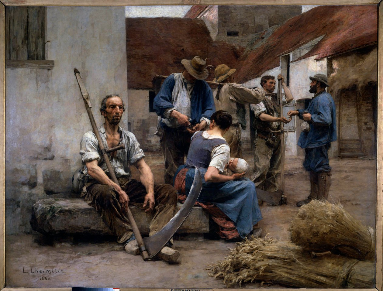 Çiftlik bahçesindeki köylü biçerdöverlerin maaş bordrosu, bunlardan biri sahte. Leon Augustin Lhermitte (1844-1925) 1882 Sun tarafından tablo. 2,15x2,72 m Paris, Orsay Müzesi by Leon Augustin Lhermitte