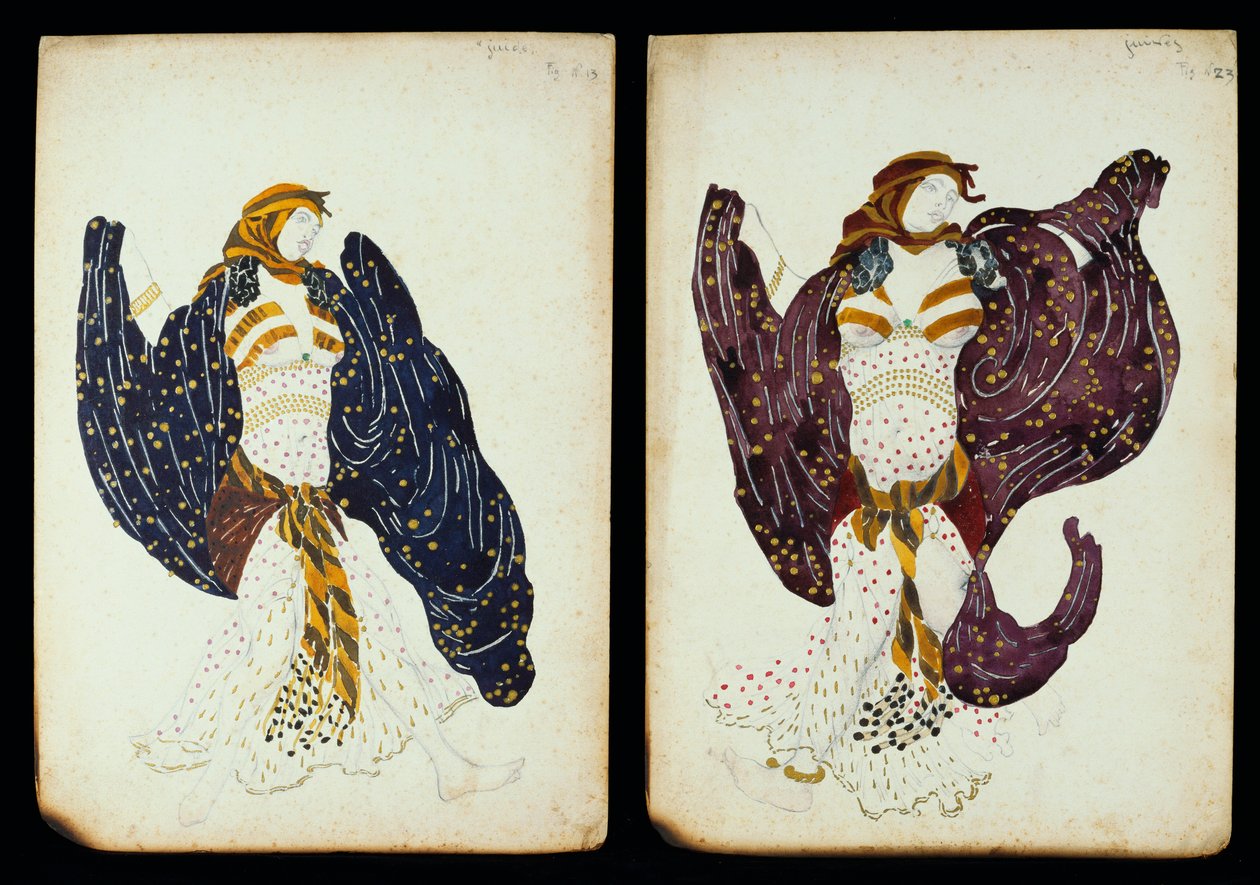 "Juive" dan kadın dansçılar için bir çift kostüm tasarımı by Leon Bakst