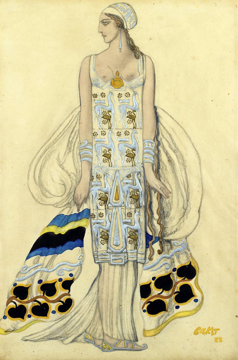 Jean Racine tarafından yazılan Phaedra (Phedre) dramasında Ida Rubinstein için kostüm tasarımı - Bakst, Leon (1866-1924) - 1923 - Kağıt üzerine guaj ve mürekkep - 48x32 - Özel Koleksiyon by Leon Bakst