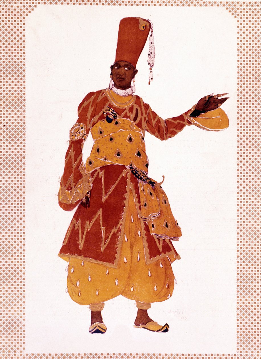 Nikolai Andreyevich Rimsky-Korsakov (Rimsky Korsakov veya Rimskij Korsakov) tarafından bestelenen “” Sheherazade” (veya Scheherazade) balesi için Lev Samoilovich Rosenberg tarafından Leon Bakst (1866-1924) adlı büyük hadım kostümü by Leon Bakst