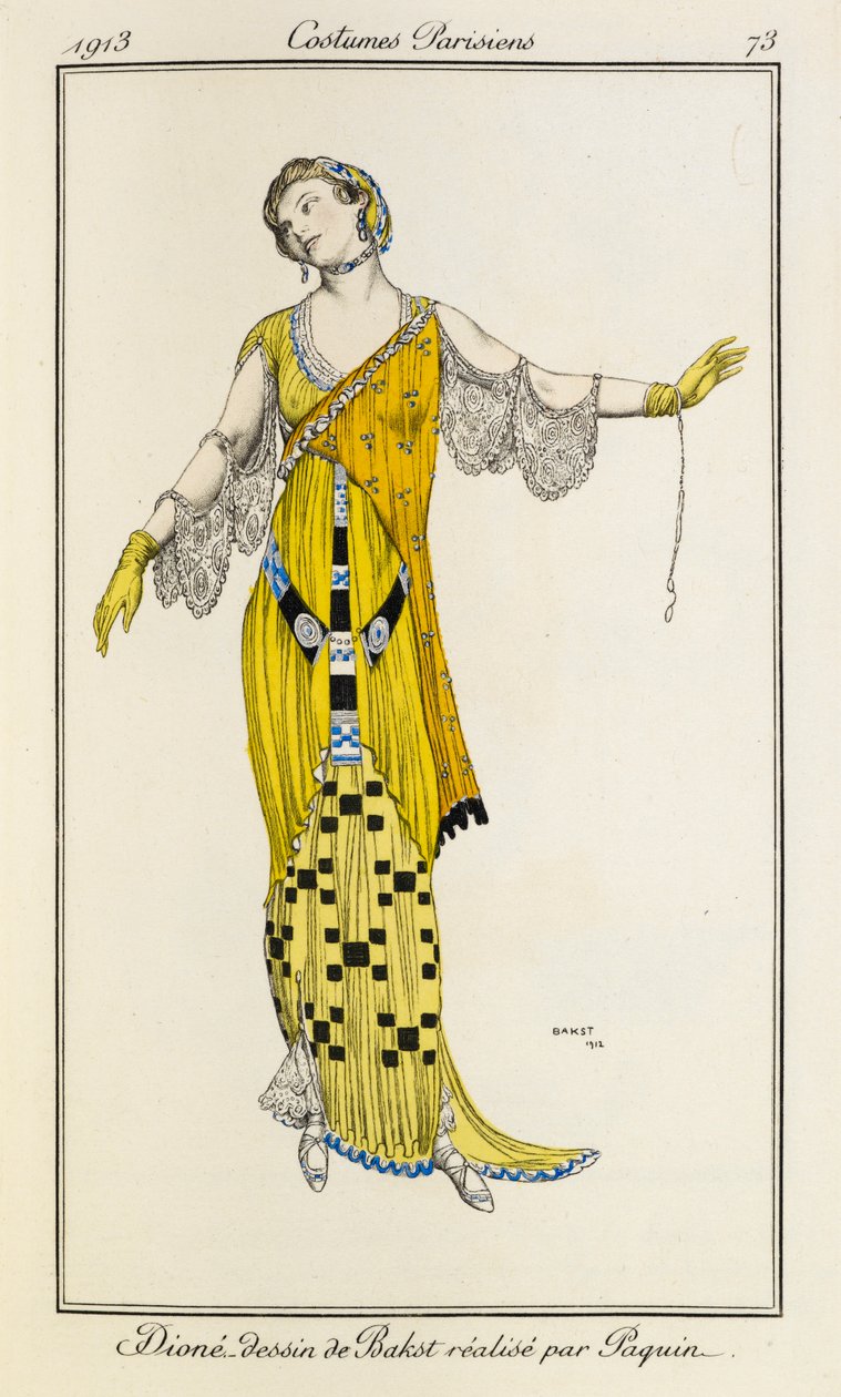 Dione, Jeanne Paquin tarafından yapılan Bakst tarafından çizim. Paris Kostümleri no.73 by Leon Bakst