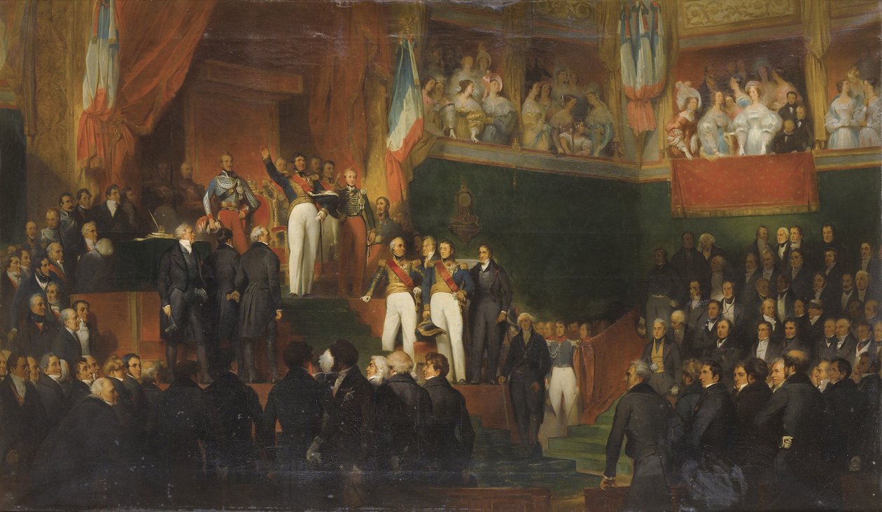 LOUIS-PHILIPPE (1773-1850), 9 AĞUSTOS 1830, ODALAR ÖNÜNDE 1830 YILI TÜZÜĞÜNÜ SÜRDÜRMEK İÇİN YEMAN EDİYOR, Leon-JEAN-BASILLE PERRAULT VE STÜDYOSU tarafından yapılan resim - Louis-Philippe I. Temsilciler Meclisi, 9 Ağustos 1830 pa by Leon Bazile Perrault
