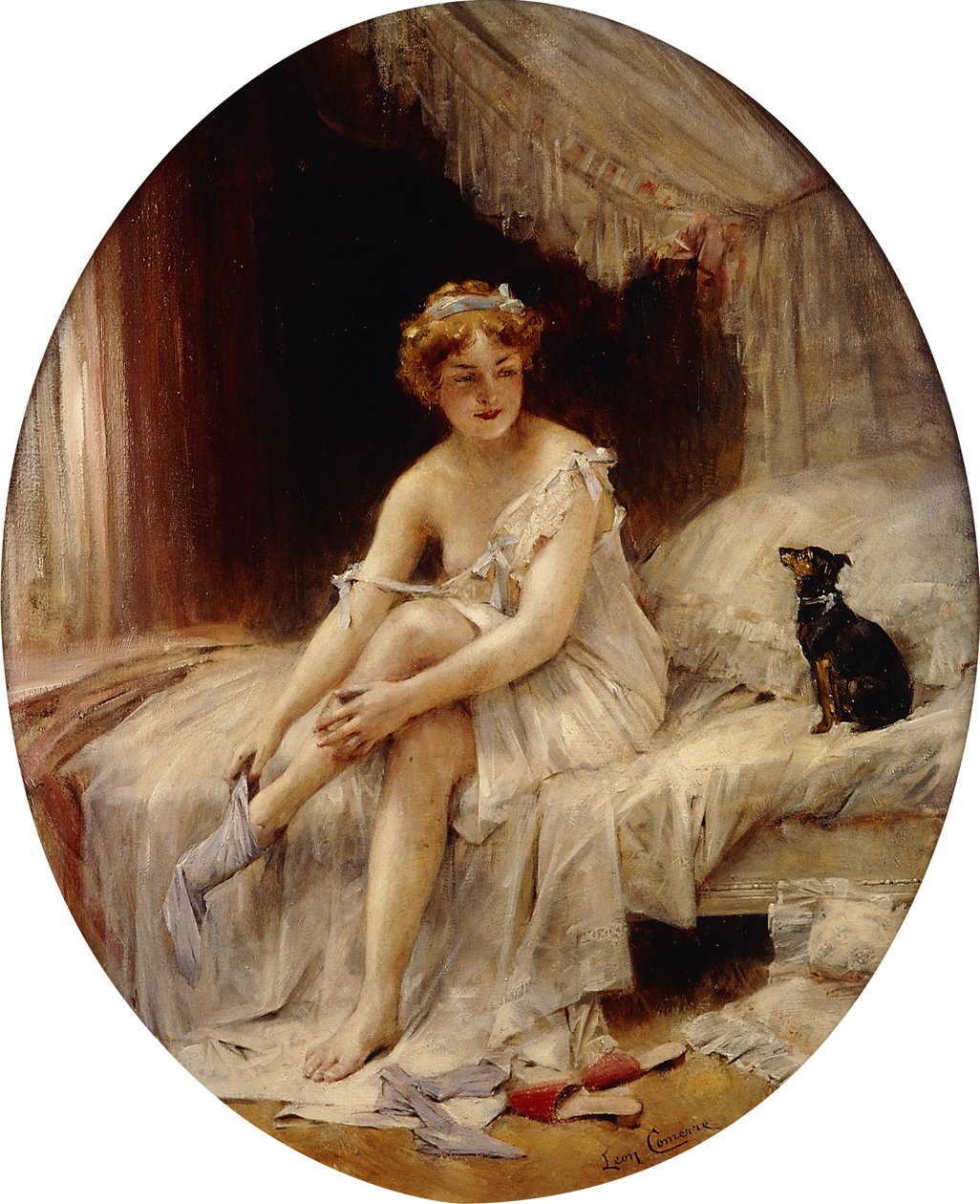 Çoraplarını giyen Küçük Kadın; minyon Femme büyük sa bas, by Leon Francois Comerre
