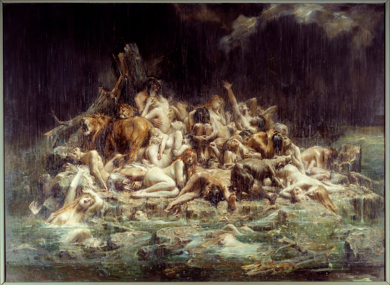 Tufan Bir küme insan ve hayvan cesetleri, göklerin öfkesinin yağmur selleri altında, kimisi çoktan boğulmuş, kimisi de dertlerini haykırıyor. Leon Comerre (1850-1916) 1911 Güneş tarafından yapılan resim. 3,45x4,48 m Nantes, Güzel Sanatlar Müzesi by Leon Francois Comerre