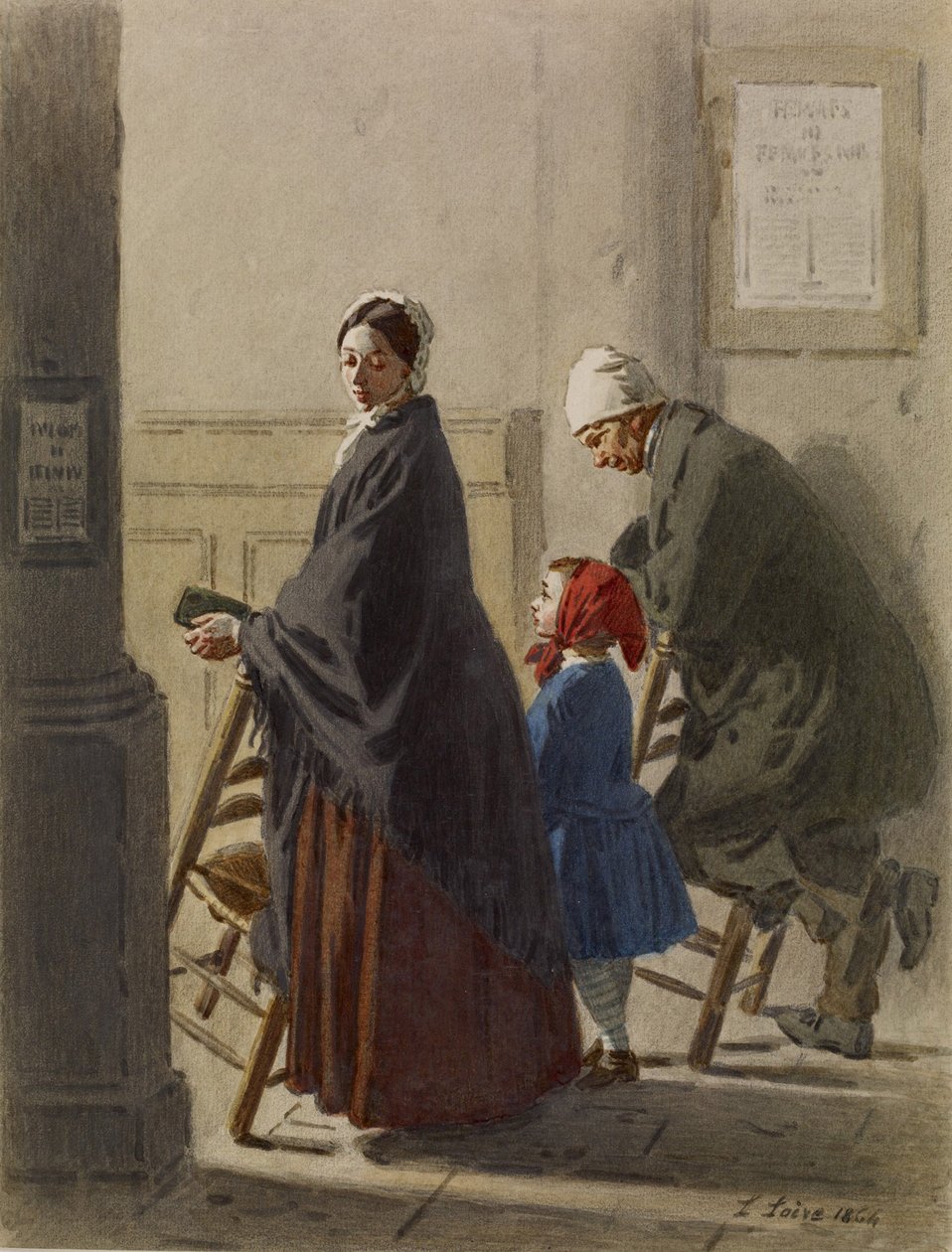 Kilisede Dua Eden Erkek, Kadın ve Kız, 1864 (kağıt üzerinde wc ve grafit) by Leon Henri Antoine Loire