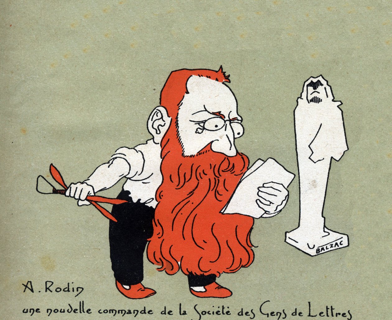 Societe des gens de lettres'ten yeni bir siparişle Auguste Rodin'in karikatürü (Balzac'ın Heykeli) - Leon Lebegue'nin İllüstrasyonu (1863-1944) - "" Le sun-du-dimanche"" gravürü by Leon Lebegue