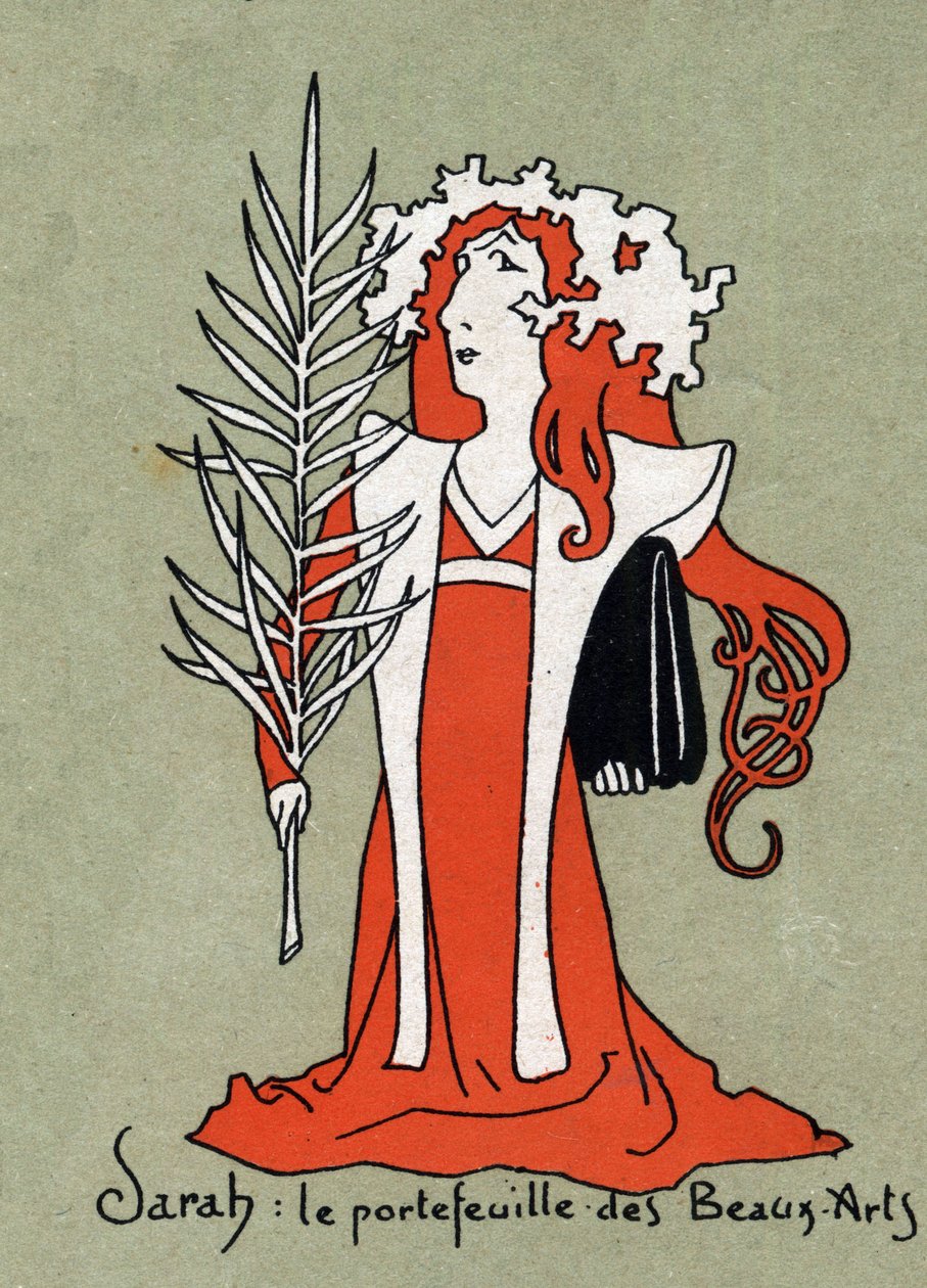 Güzel Sanatlar portföyü olarak Henriette Rosine Bernard dit Sarah Bernhardt'ın (1844-1923) karikatürü - Leon Lebegue'nin çizimi (1863-1944) - "" Le sun-du-dimanche"" gravürü by Leon Lebegue