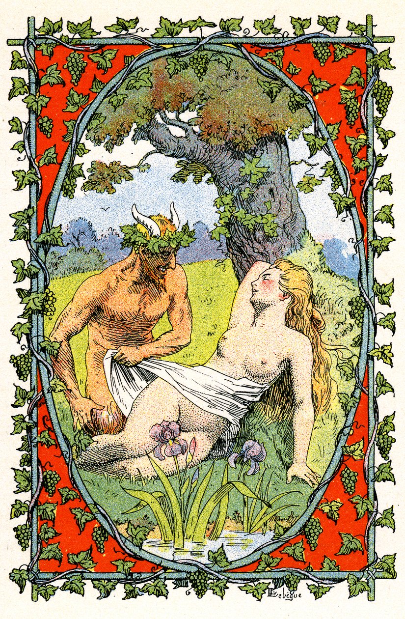 Bir faun uyuyan bir perinin çıplak bedenini ortaya çıkarır by Leon Lebegue
