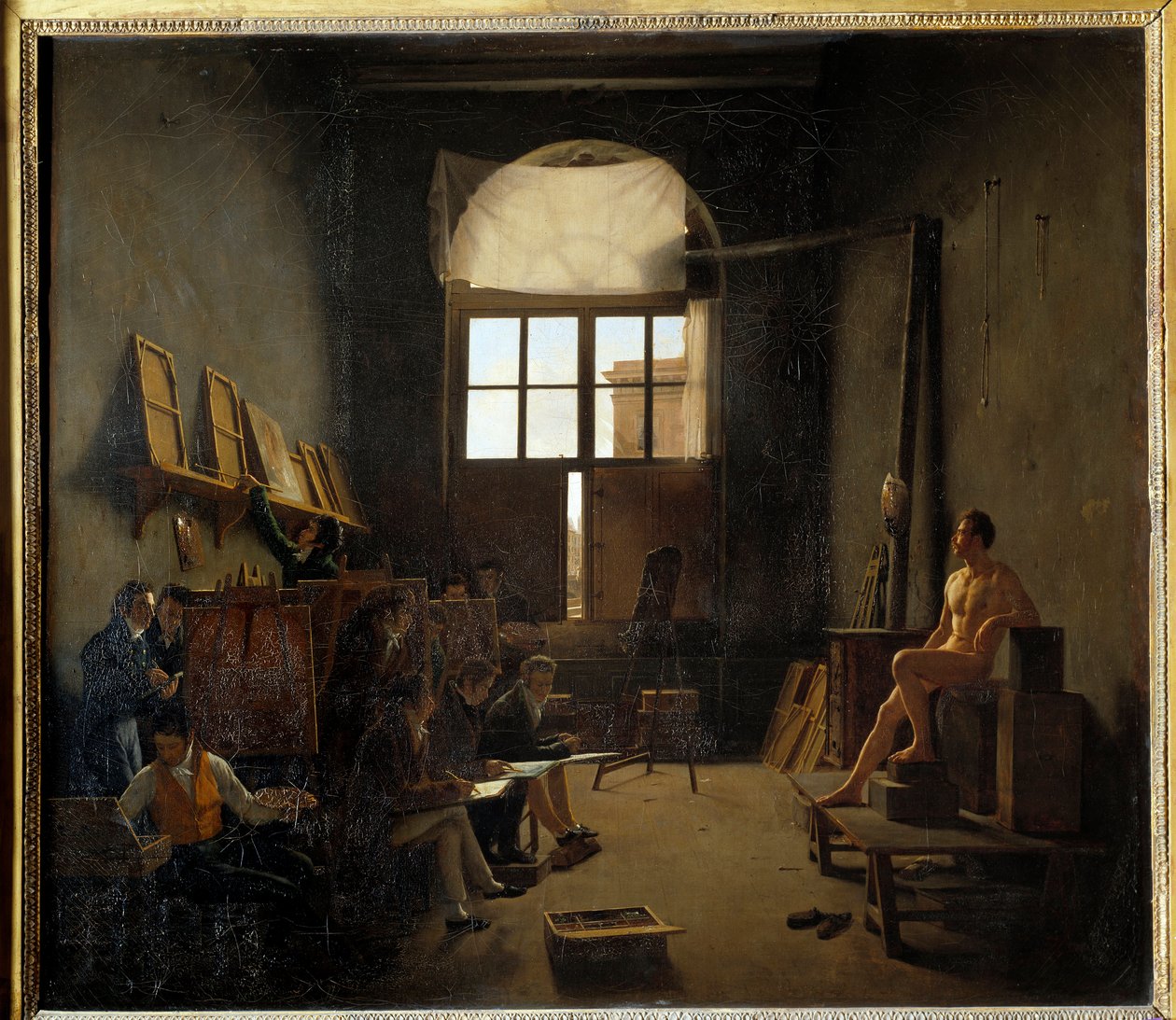 David'in 1814'te Dört Ulus Koleji'ndeki stüdyosunun içi (bugünkü Institut de France). Mathieu Cochereau'nun (1793-1817) tablosu by Leon Mathieu Cochereau
