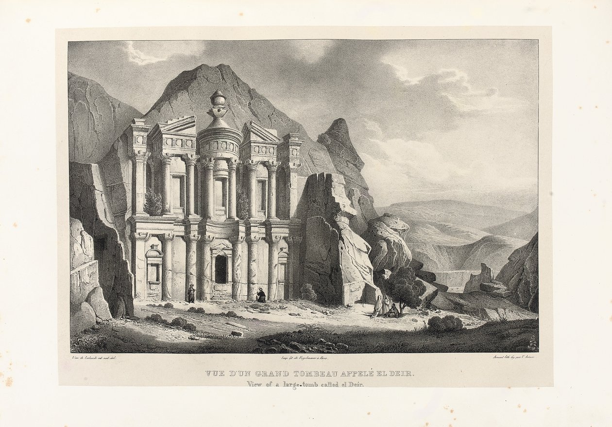El Deir adlı büyük bir mezarın görünümü, Petra, 1830 by Leon de Laborde