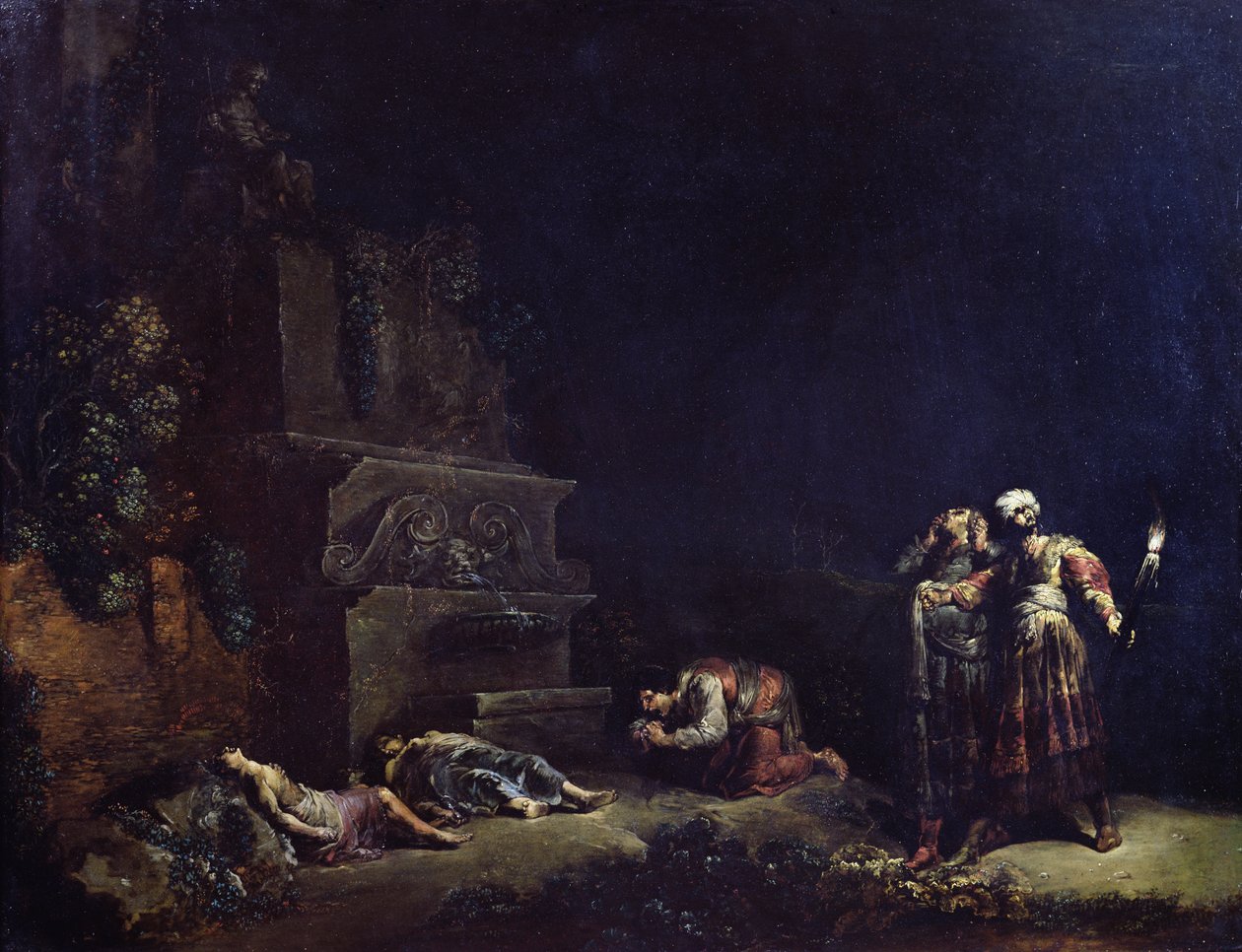 Pyramus ve Thisbe Cisimlerinin Keşfi, c.1630-35 (bakır üzerine yağlı boya) by Leonard Bramer