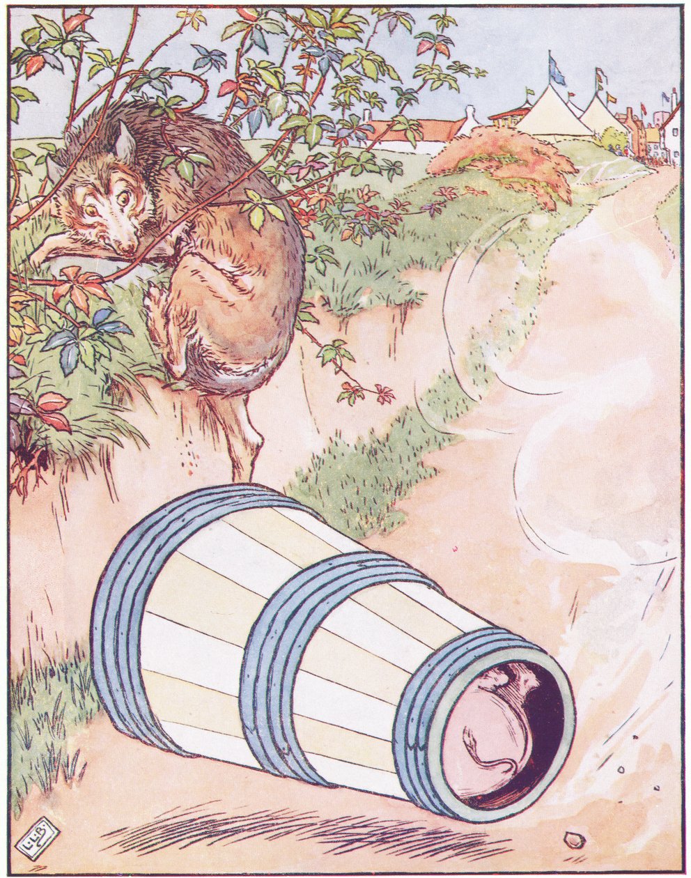 Yayık yuvarlanmaya başladı ve içindeki domuzla tepeden aşağı yuvarlandı by Leonard Leslie Brooke
