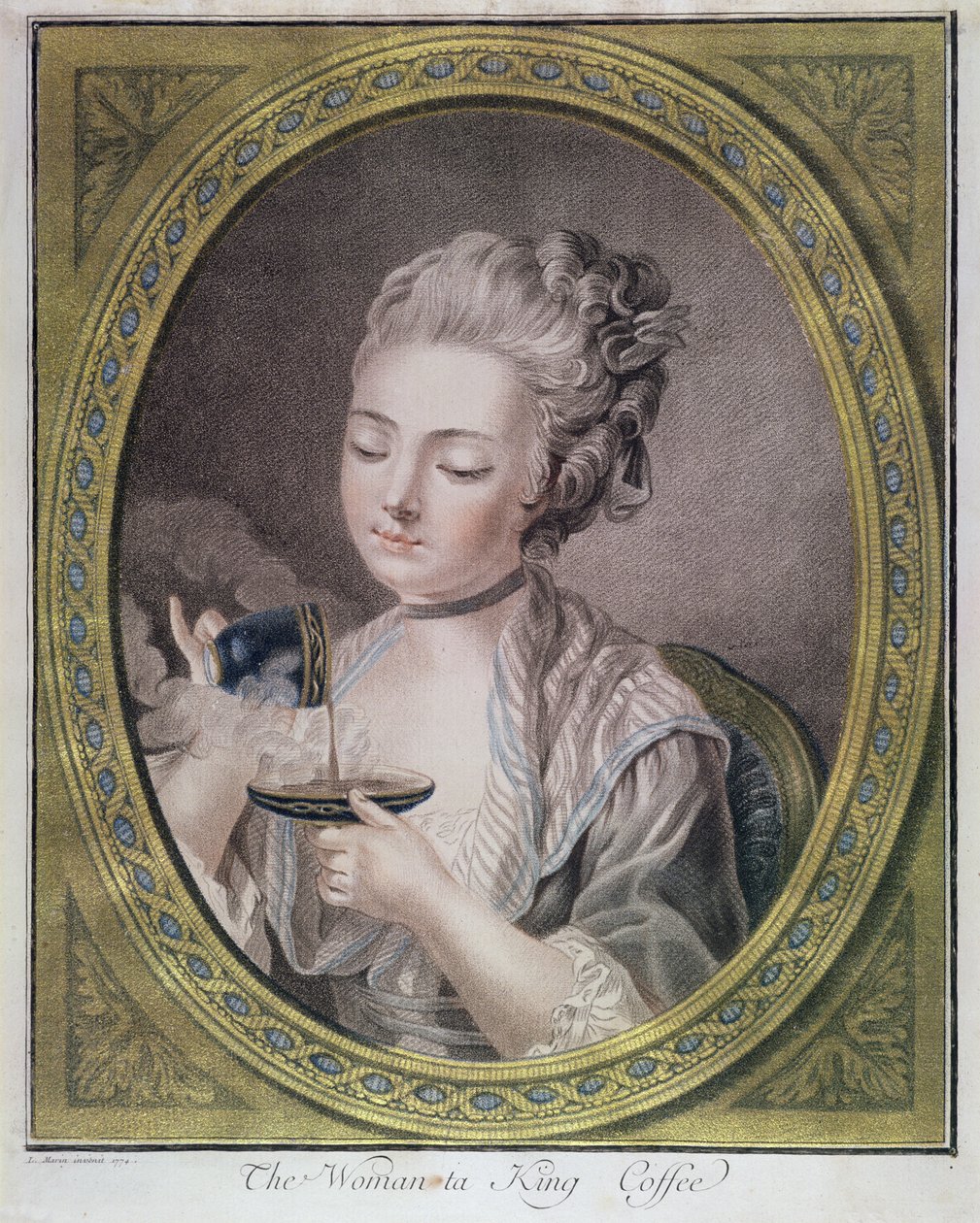 Kahve İçen Kadın, c.1774 (tema kalem gravürü, altınla renklendirilmiş ve kabartmalı) by Leonardo Marini