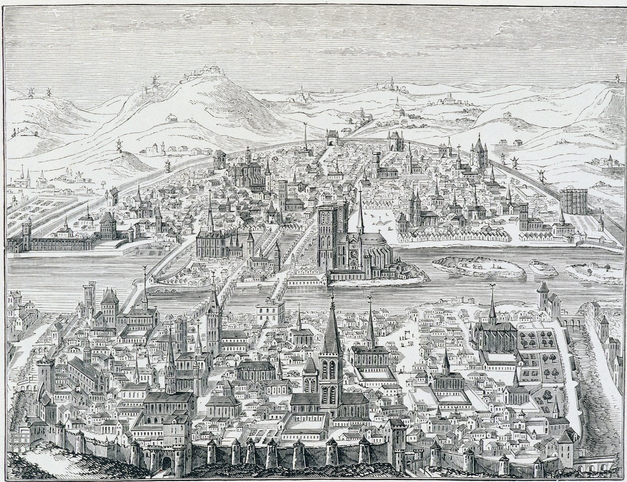 Léonard Gaultier'in gravürüne dayanan 1607'de Paris'in geniş perspektif görünümü. by Leonard Gaultier