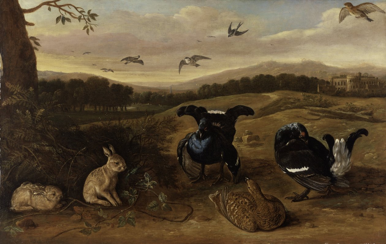 Bir parkta kara av hayvanları, tavşanlar ve kırlangıçlar, yaklaşık 1700 (tuval üzerine yağlı boya) by Leonard Knyff