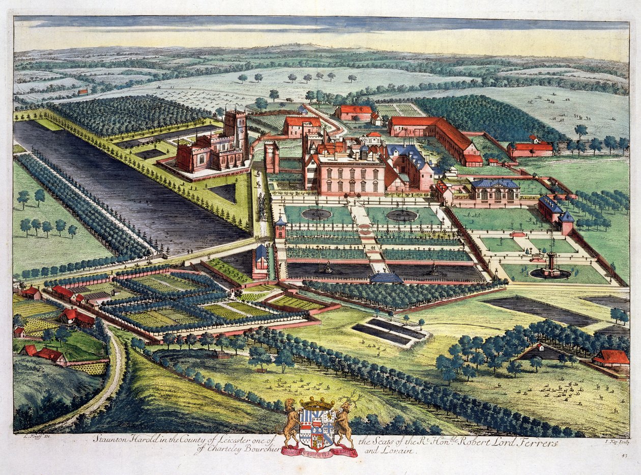 Leicester ilçesinde Johannes Kip tarafından kazınmış Staunton Harold (c.1652-1722) by Leonard Knyff