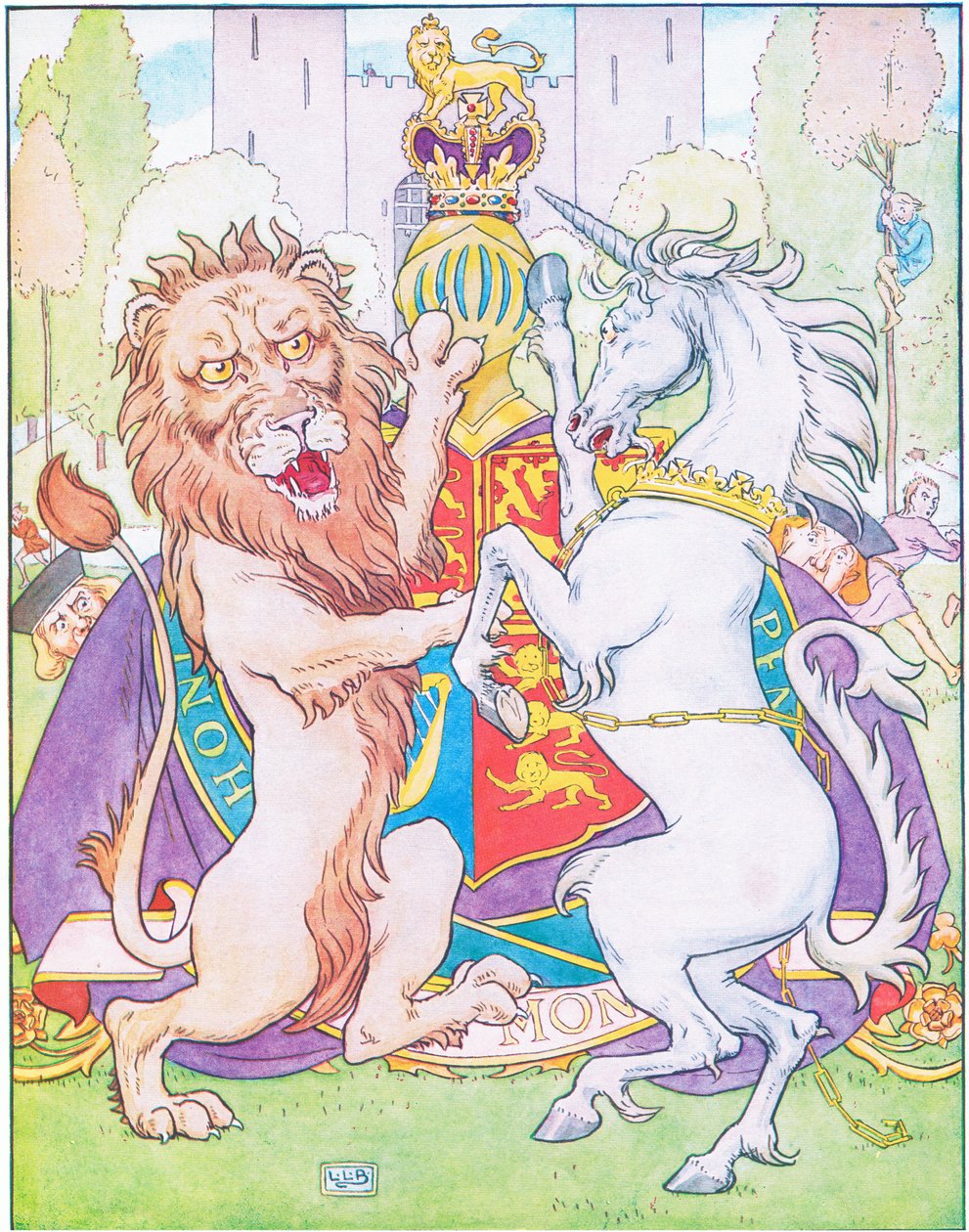 Aslan ve tek boynuzlu at taç için savaşıyordu (renkli taş) by Leonard Leslie Brooke
