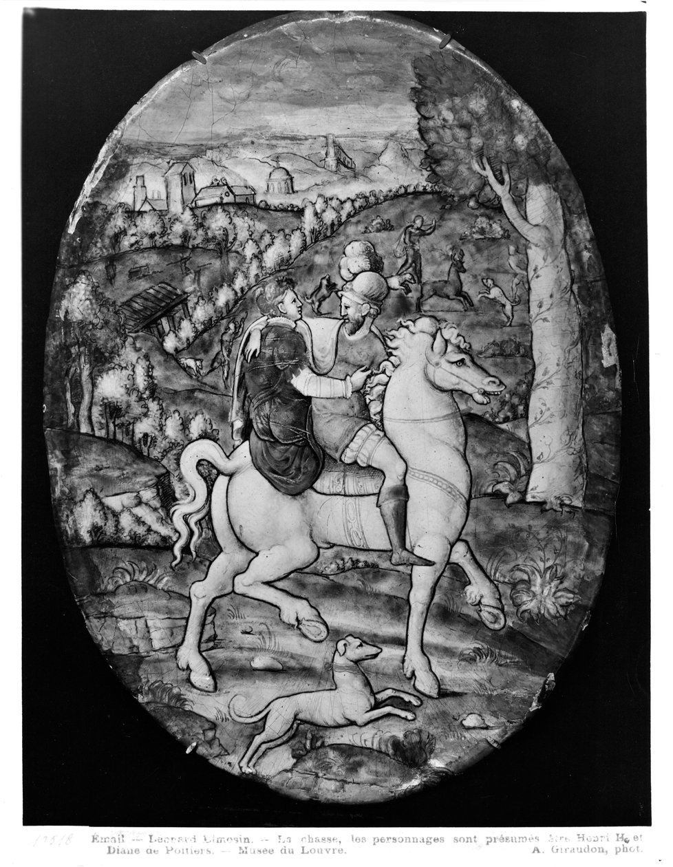 Avcılık, portre Henri II (1519-59) ve Diane de Poitiers (1499-1566) (emaye) olduğu tahmin ediliyor by Leonard Limosin
